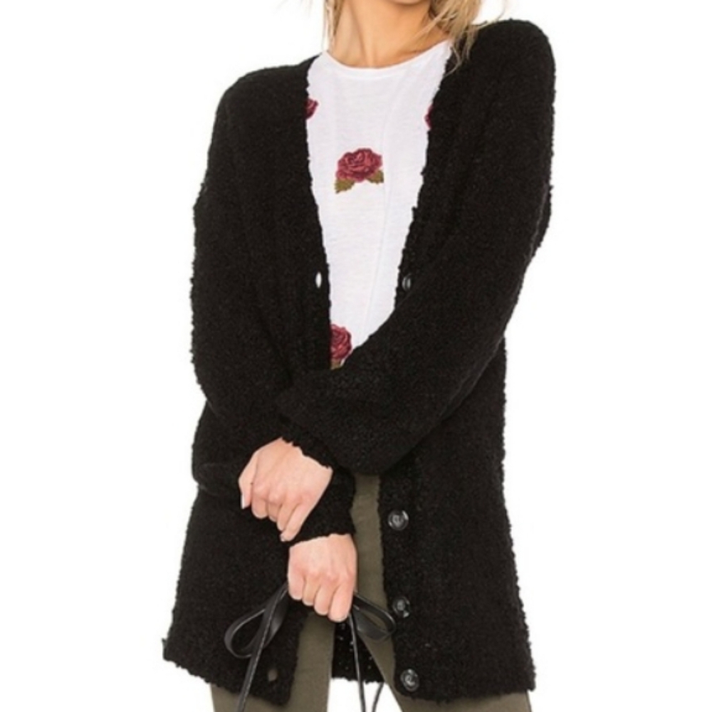 Tularosa Button-Up V Neck Boucle Cardigan Sweater Black Wool Blend